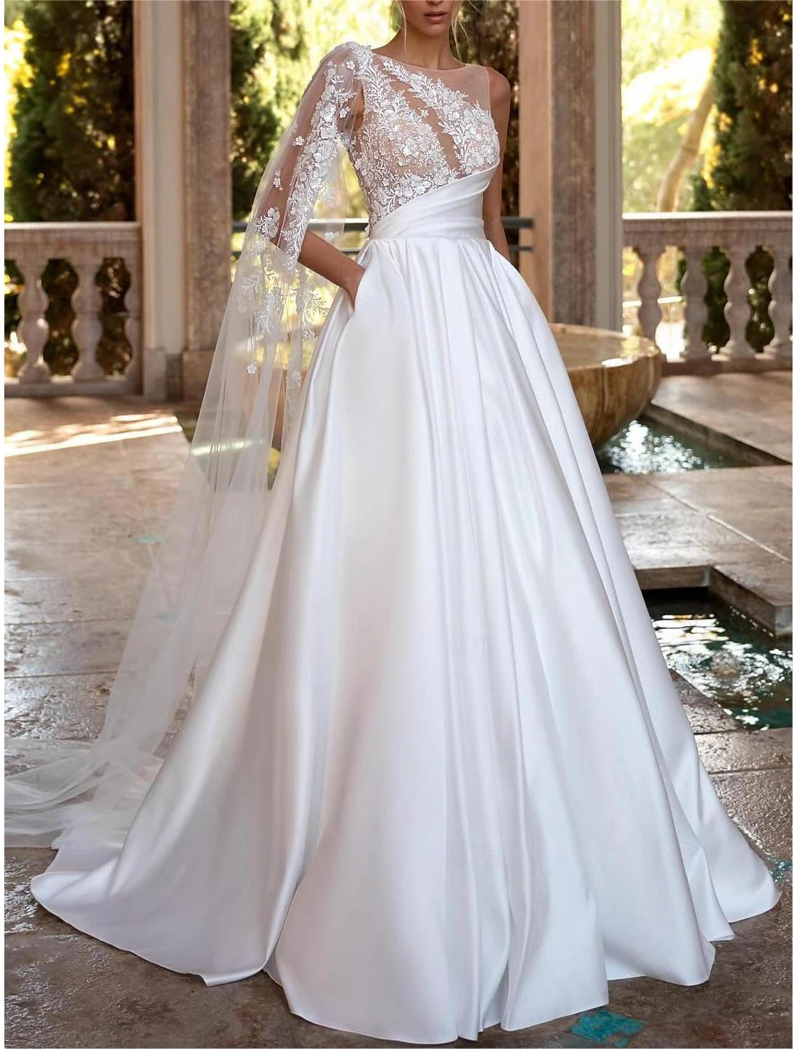 DingJiDress Hall Vintage Open Back Royal Style Wedding Dresses Ball Gown Off Shoulder V Neck Regular Straps Chapel Train Satin Bridal Gowns With Pleats Ruched Sparkling Bridal Gown