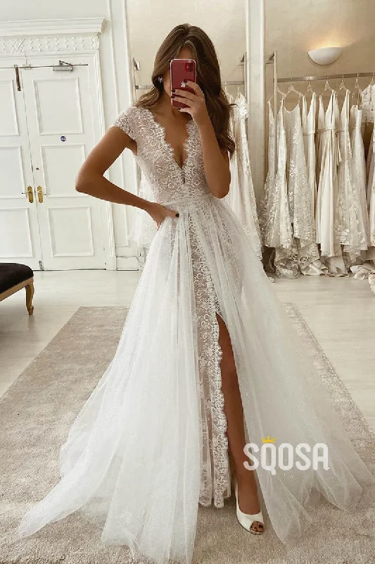 A-line Unique Cap Sleeves V-neck High Split Lace Wedding Dress Bohemian Wedding Gown QW2242 Strapless Lace Dress