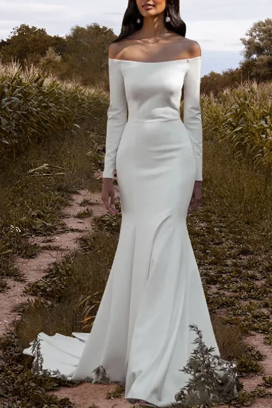 Hall Casual Wedding Dress Off Shoulder Long Sleeves Simple Summer Bridal Gowns QW2366 Beautiful Lace Gown