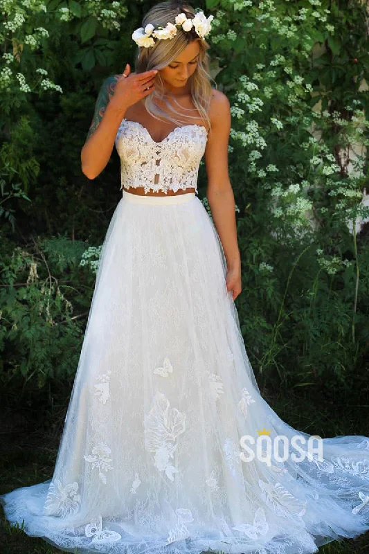 A-line Sweetheart Chic Appliques Two Piece Beach Wedding Dress QW2367 Strapless Bridal Dress