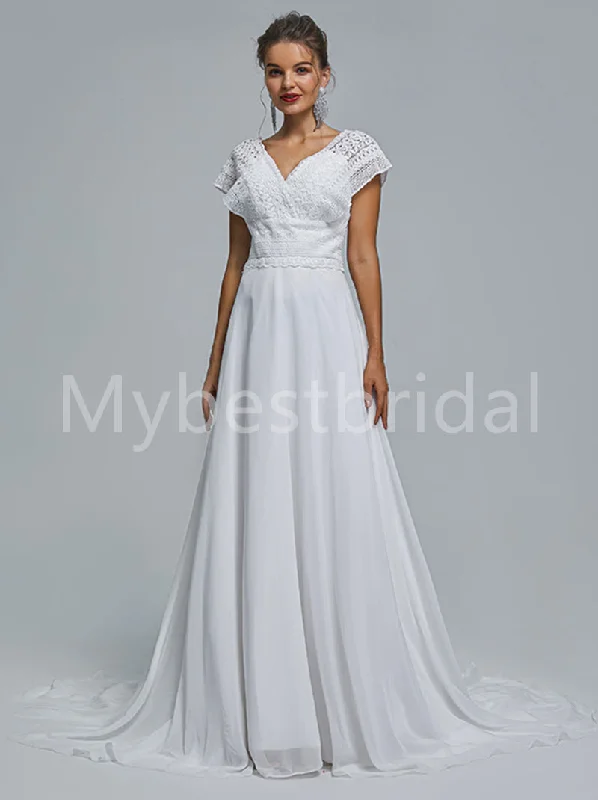 Elegant Cap sleeves V-neck A-line Lace applique Wedding Dresses, WDY0271 Lace A-line Dress