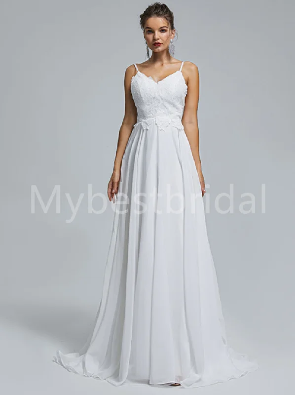 Elegant Spaghetti straps V-neck A-line Lace applique Wedding Dresses, WDY0268 Modern Wedding Gown