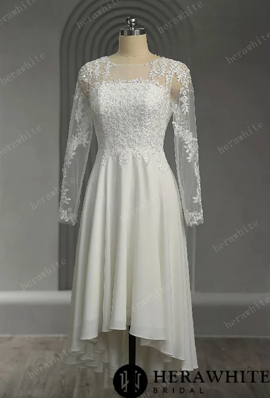 Illusion Lace Long Sleeves Tulle Short Wedding Dress Classic Bridal Gown