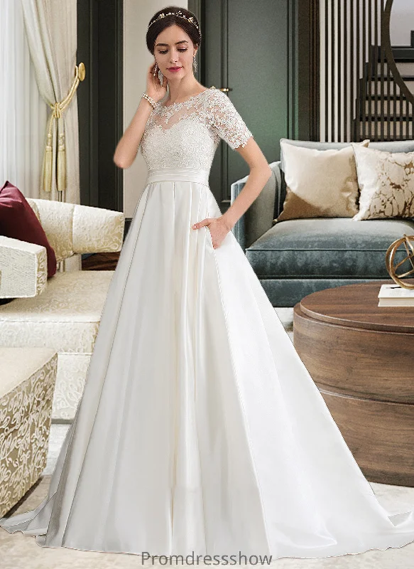 Jordyn Ball-Gown/Princess Scoop Neck Court Train Satin Wedding Dress With Beading Sequins Pockets STKP0013777 Sparkle Bridal Dress