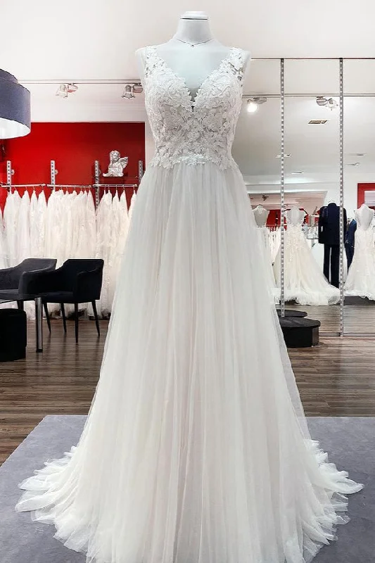 Long A-line Tulle V Neck Open Back Appliques Lace Wedding Dress Sexy Wedding Dress