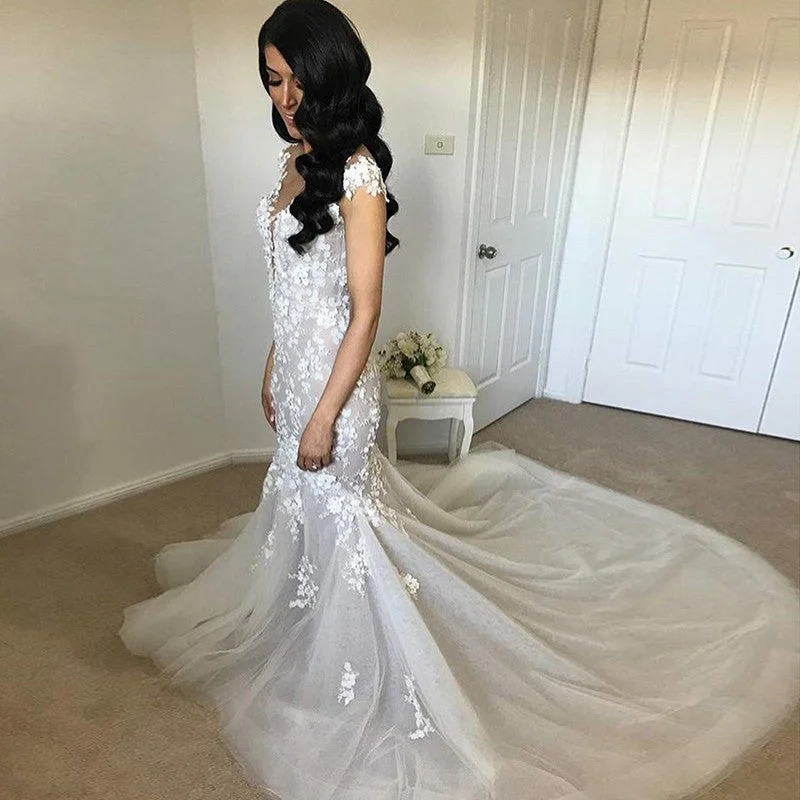 Cap Sleeve Sexy Mermaid Organza Wedding Dress, Backless Applique Luxury Wedding Dress, LB0792 Chic Wedding Gown