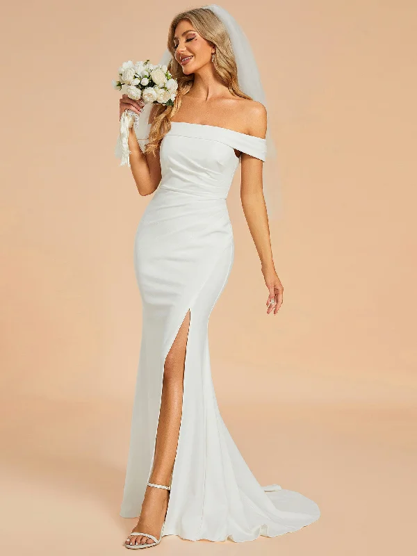 Maxi Long Side Split Wholesale Wedding Dresses With Off Shoulder Modern Bridal Gown