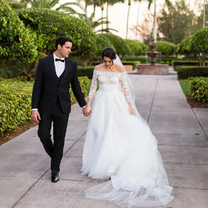 Off Shoulder Long Sleeve Wedding Dress, Lace A-Line Tulle Applique Wedding Dress, KX783 Modern Bridal Gown