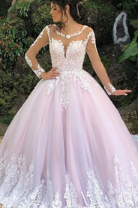 Princess Long Sleeves A-line Pink Wedding Dress with Lace Elegant Satin Dress