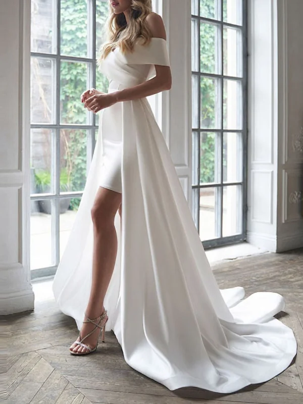 Sheath/Column Off-the-shoulder Short Sleeves Elegant Wedding Dress with Ruffle Vintage Wedding Gown