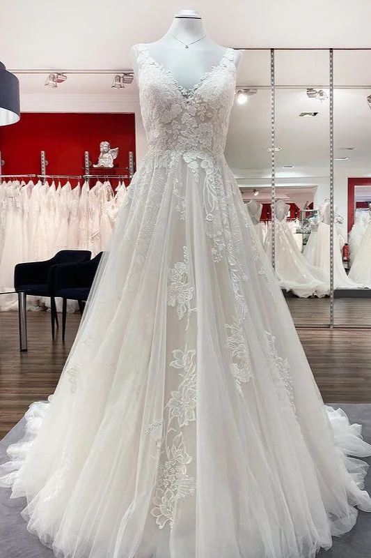 Simple Long A-line Tulle Lace V Neck Appliques Lace Open Back Wedding Dress Satin Lace Gown