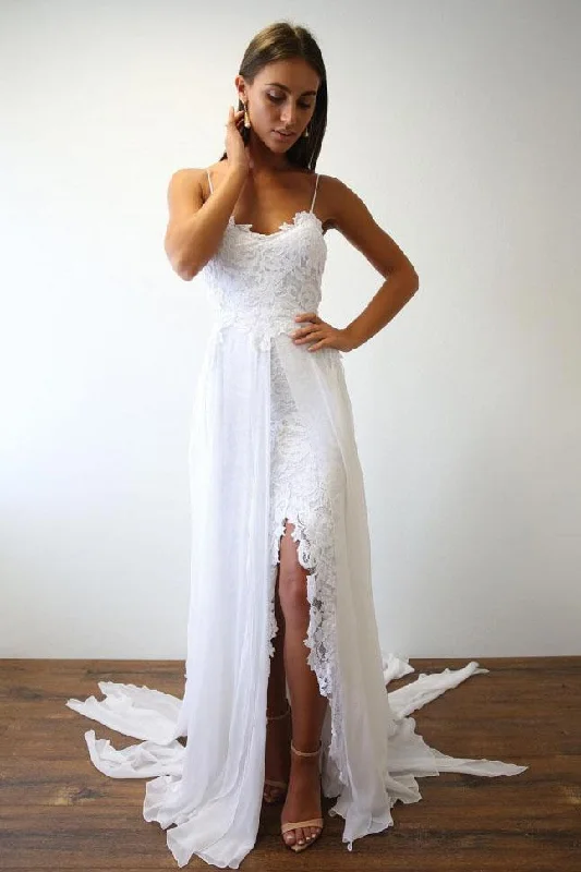 Spaghetti Straps Sweetheart White Lace Wedding Dresses with Chiffon Beach Bridal Dress SRS15420 Lace Wedding Gown