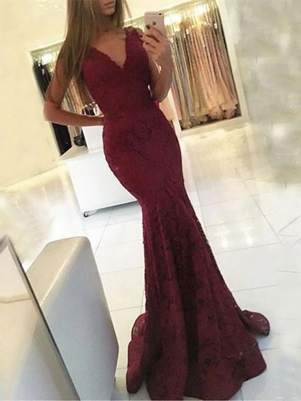 Sexy V Neck Mermaid Maroon Lace Prom Dress, Lace Formal Dress, Lace Mermaid Bridesmaid Dress Strapless Bridal Dress