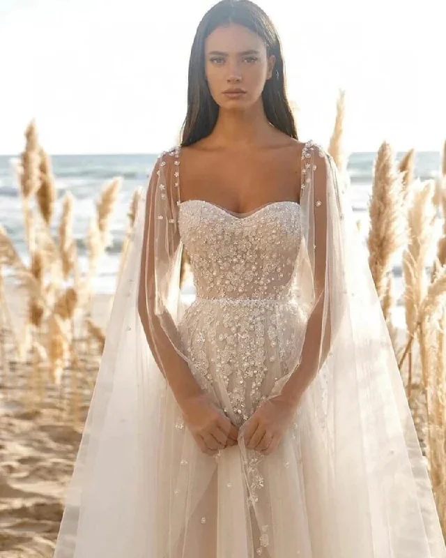 VLLUSISA Boho A-line Wedding Dresses Beading Lace Beach Bridal Gowns With Shoulder Straps Beautiful Bridal Gown