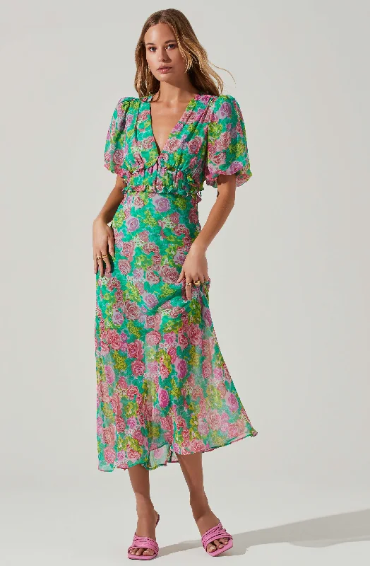 Esperanza Floral Puff Sleeve Midi Dress Holiday midi dresses