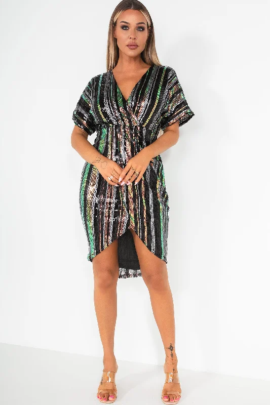 Novah Multi Stripe Sequin Wrap Dress Off-shoulder midi dresses