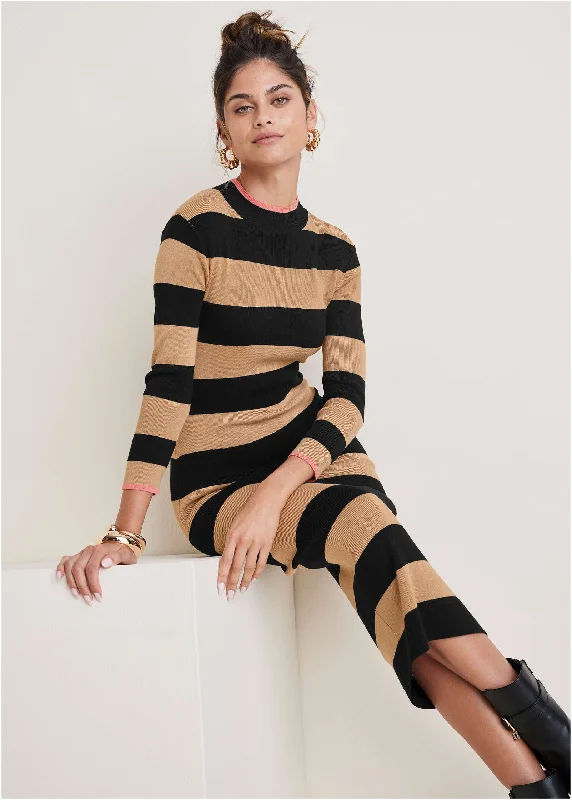 Stripe Midi Sweater Dress - Black & Tan Trendy midi dresses under $50