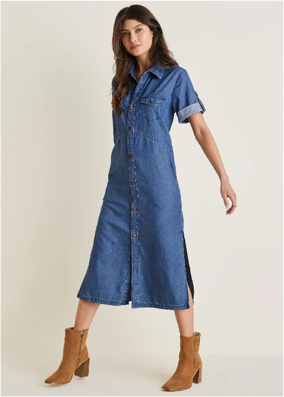 Denim Midi Shirt Dress - Medium Wash Comfortable midi dresses for everyday wear