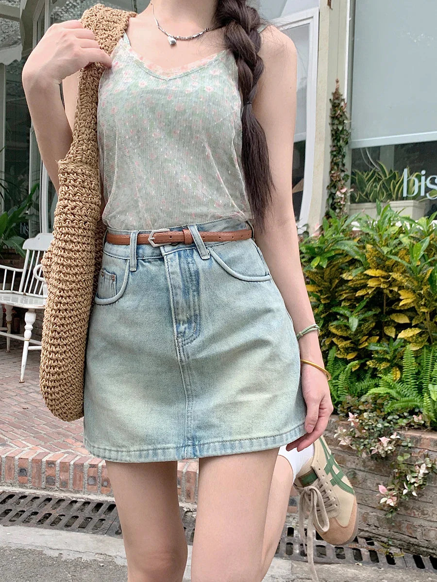 Streetwear Retro Casual A-line Mini Skirts Ripped Mini Denim Skirt