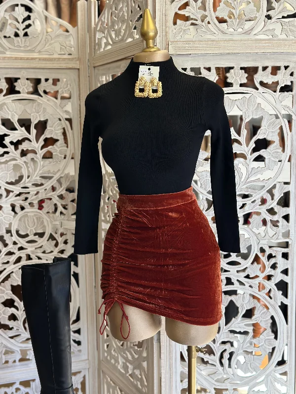 Copper Velvet Ruched Mini Skirt Mini Skirt with Bow