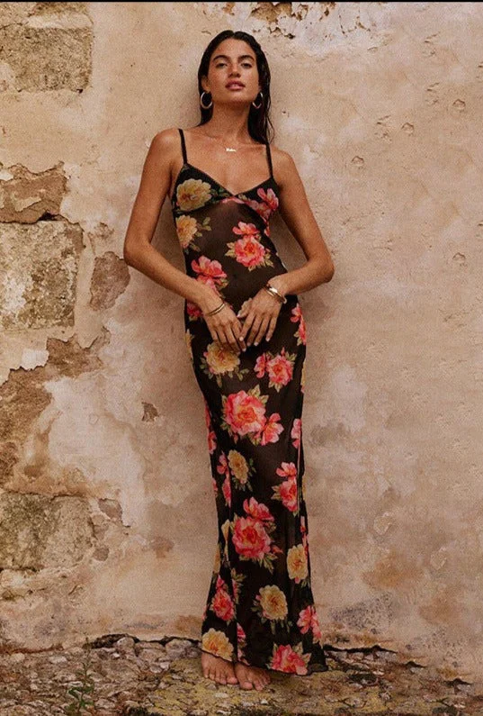 Miamor Floral Print Mesh Maxi Dress Boho maxi dresses