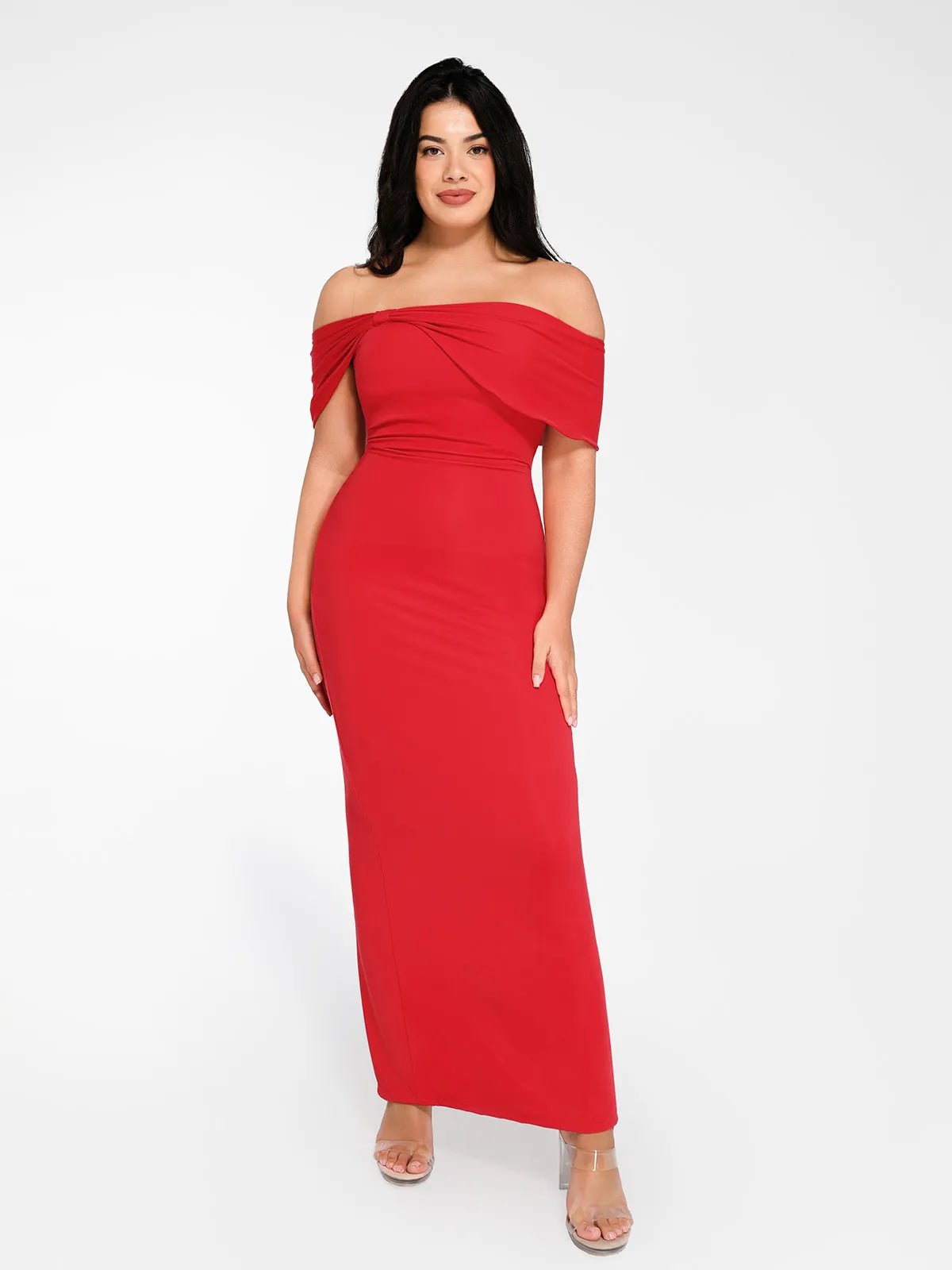 Shapewear Off-the-Shoulder Slim Column Maxi Dress Best maxi dresses for petites