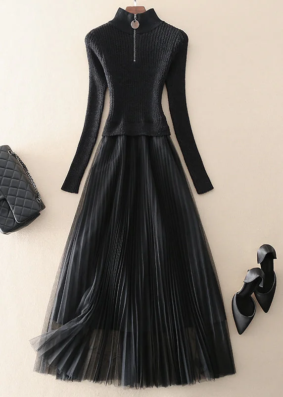 Vintage Black Zip Up Tulle Patchwork Knit Long Dresses Spring Smocked maxi dresses