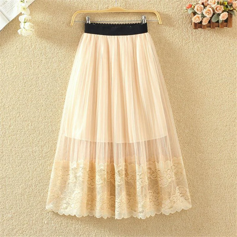 Women Summer Vintage Lace Elastic Waist Casual Skirt Versatile Medium Length Fairy Mesh Pleated Pompon Skirt Date night unclassified skirts