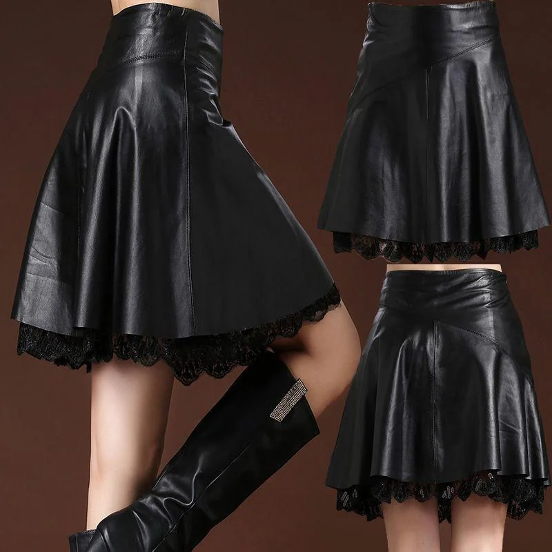 Women's Plus Size Leather Skirt High Waist Sexy Lace Stitching A-line Skirt Autumn Winter Sexy Pleated Skirt Petite unclassified skirts