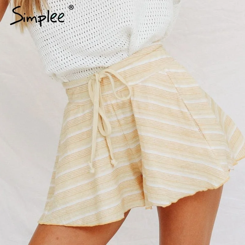 Casual Knitted striped women shorts High waist shorts Tie Waist Mini Skirt