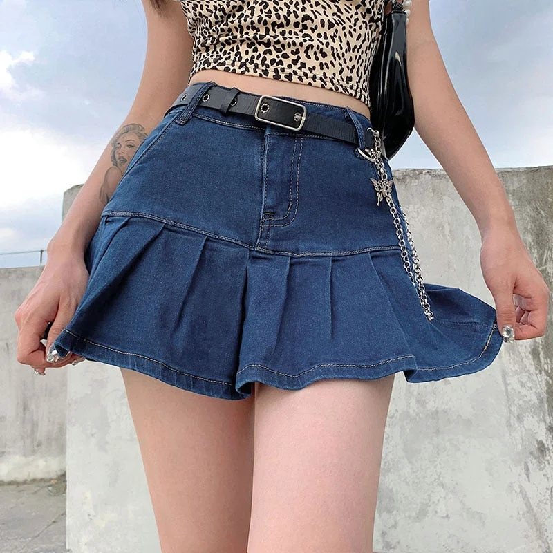 Denim Mini Pleated Skirt Ladies Summer High Waist Jeans Shorts Skirts Mini Skirt Style