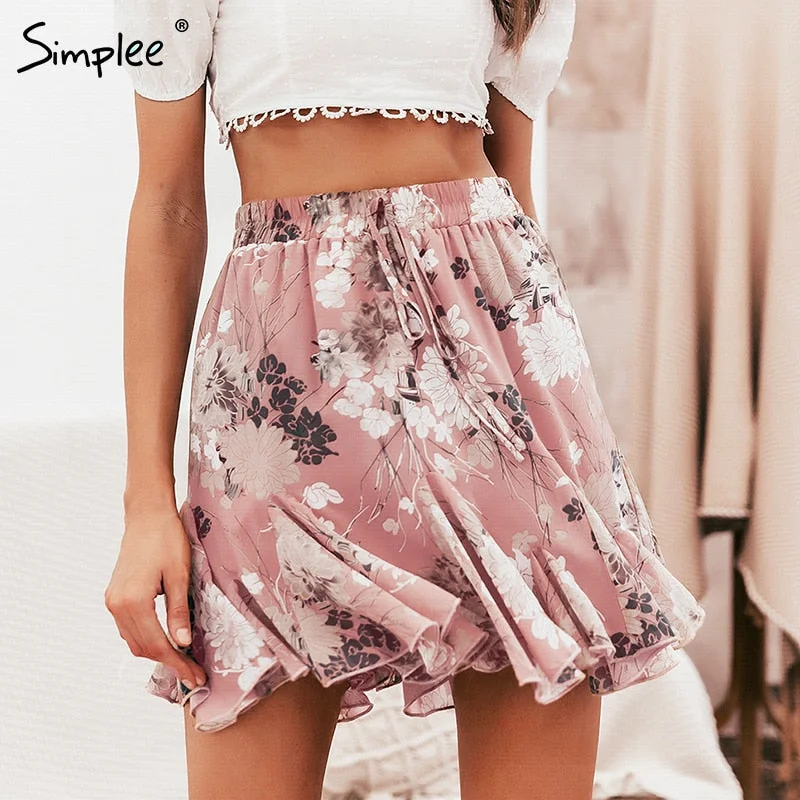 floral print women skirt Elastic high waist ruffled mini skirt Distressed Mini Skirt