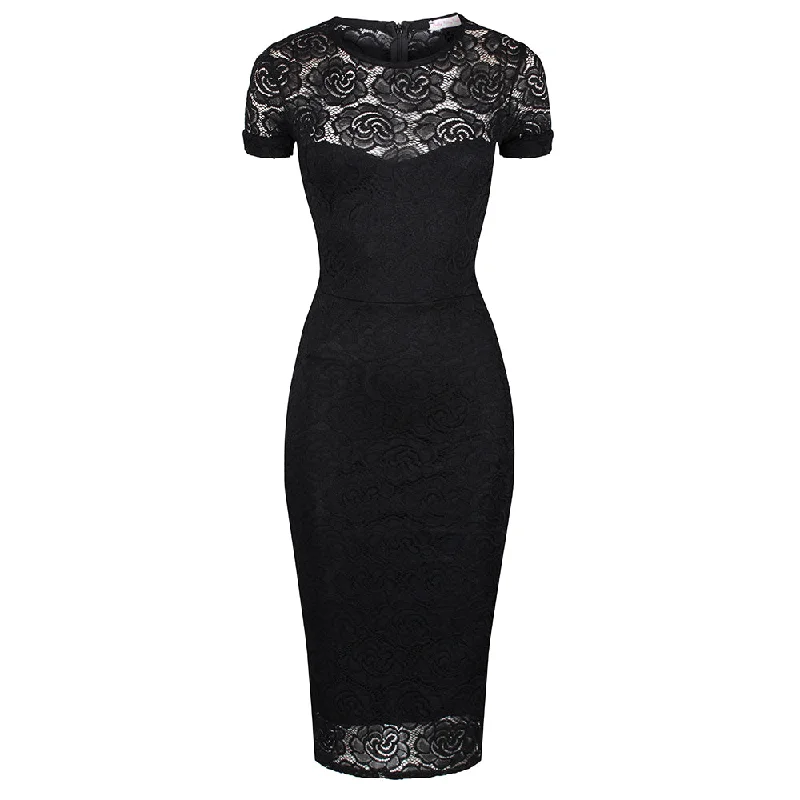 Black Cap Sleeve Lace Wiggle Pencil Cocktail Dress Velvet party dresses