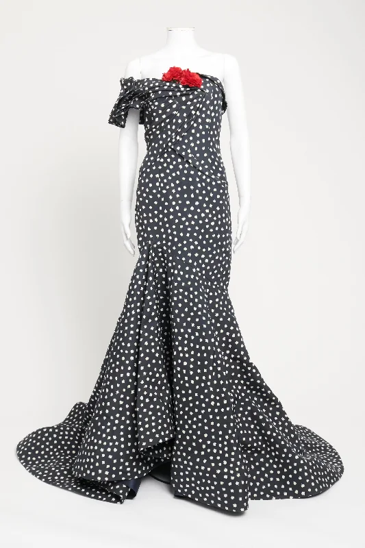 2012 Navy Silk Preowned One Shoulder Polka Dol Gown Best party dresses for curvy figures