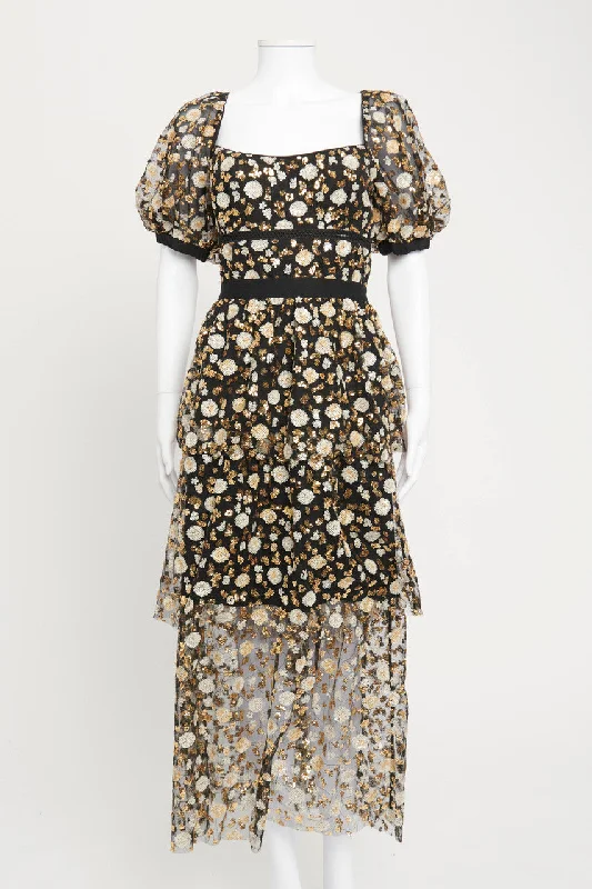 Black Mesh Gown with Floral Gold Sequin Embellishment Expensive party dresses