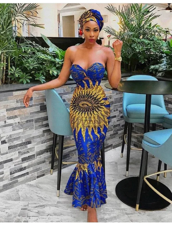 Blue and Gold African Mermaid Gown for Wedding Guests Hot new arrivals in party dresses