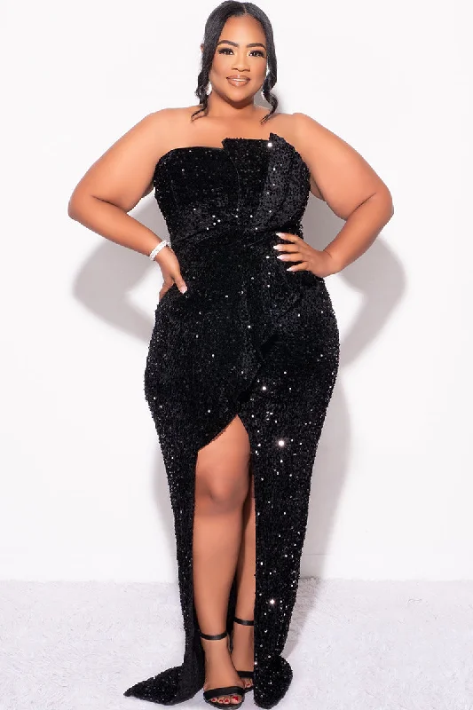 Final Sale Plus Size Strapless Pleated Ruffle Sequin Gown with Front Slit in Black Women's party dresses