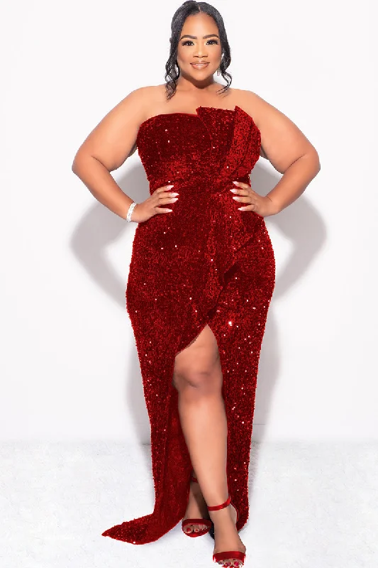 Final Sale Plus Size Strapless Pleated Ruffle Velvet & Sequin Gown with Front Slit in Red Flattering party dresses for all body types