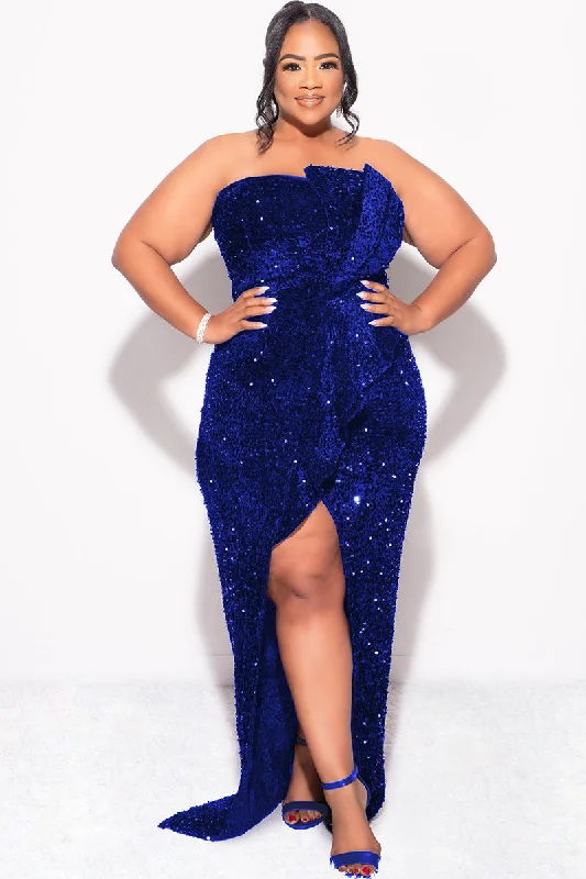 Final Sale Plus Size Strapless Pleated Ruffle Sequin Gown with Front Slit in Royal Blue Cute floral print party dresses