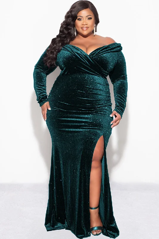 Final Sale Plus Size Glitter Off the Shoulder Velvet Gown with Slide Slit in Hunter Green Best value party dresses