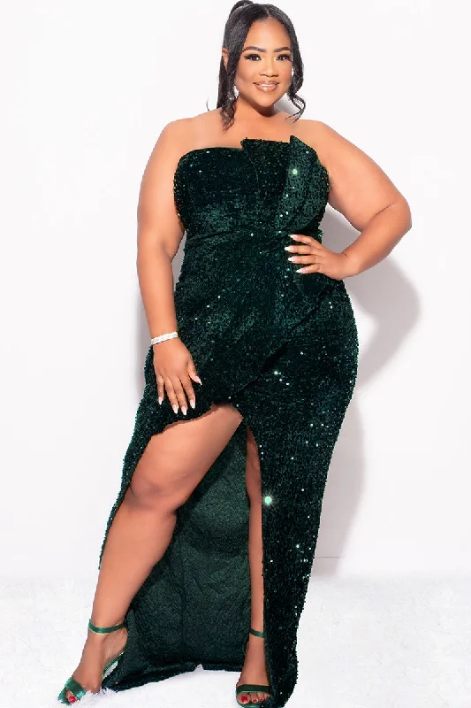 Final Sale Plus Size Strapless Pleated Ruffle Velvet & Sequin Gown with Front Slit in Green Best party dresses for hourglass body shape