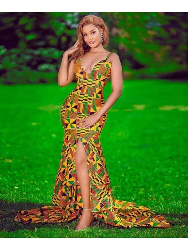 Kente Mermaid Gown| Wedding Guest Attire| Three Tier Long Dess| Prom| Bridesmaid Outfit| Africa Wedding| Dashiki| Kitenge| Kente| Blooms Girls' party dresses