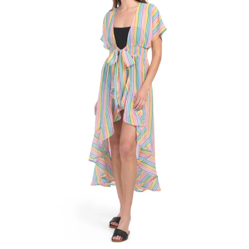 America & Beyond Rainbow Hi-lo Hem Ruffle Trim Cover-up Dress Long sleeve unclassified dresses