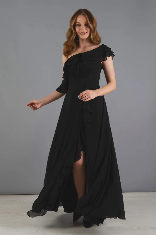 Angelino Black Chiffon Shoulder Dress with Flane Slit Dress Ruffled unclassified dresses