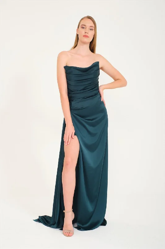 Emerald Slit Satin Evening Dress Cat Ear Dress High-low unclassified dresses