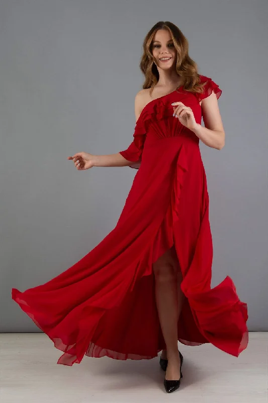 Angelino Red Chiffon Shoulder Dress with Flated Slit Dress Printed unclassified dresses