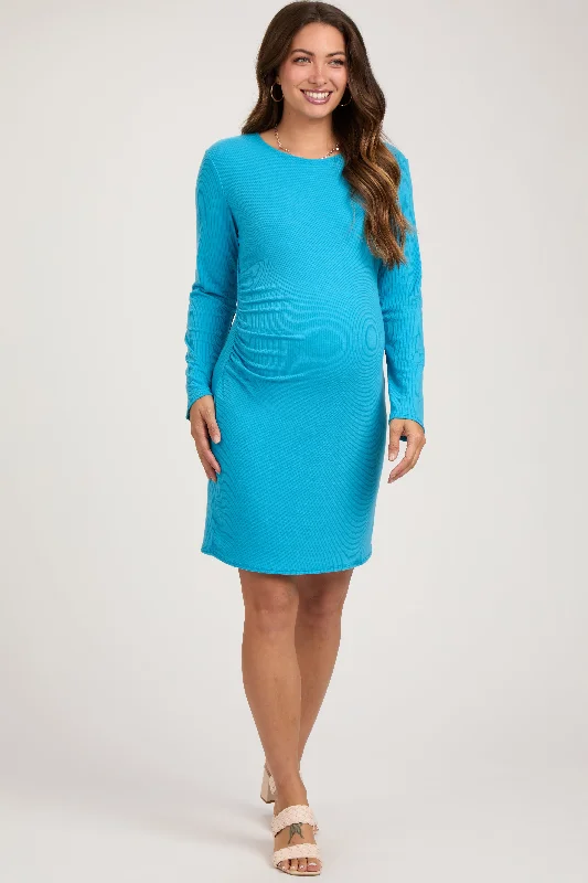 Aqua Blue Ribbed Side Ruched Maternity Fitted Dress Beaded unclassified dresses