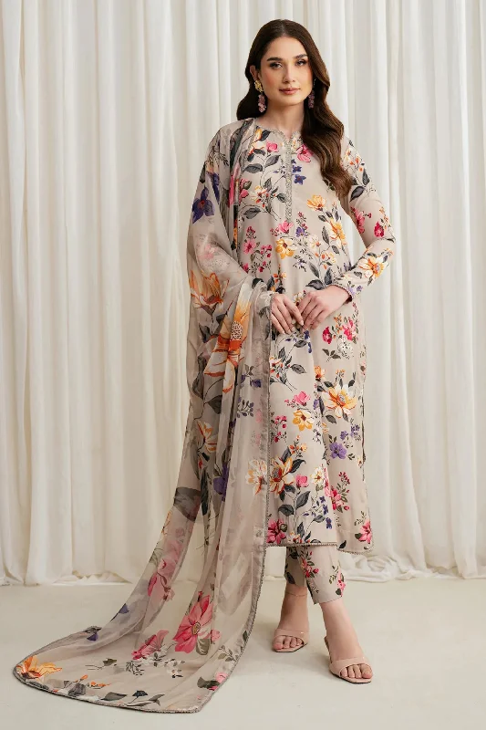 Beige Floral Printed Silk Suit Ruffled floral dresses