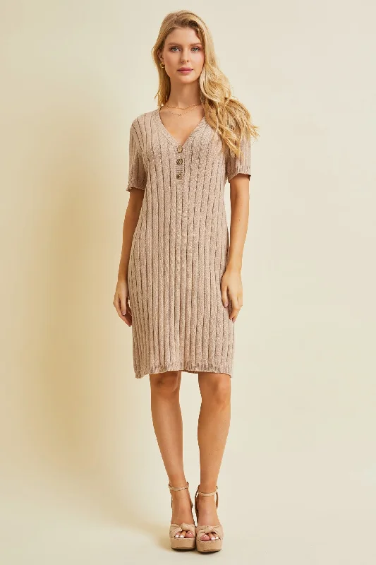 Beige Ribbed Knit Dress One-shoulder unclassified dresses