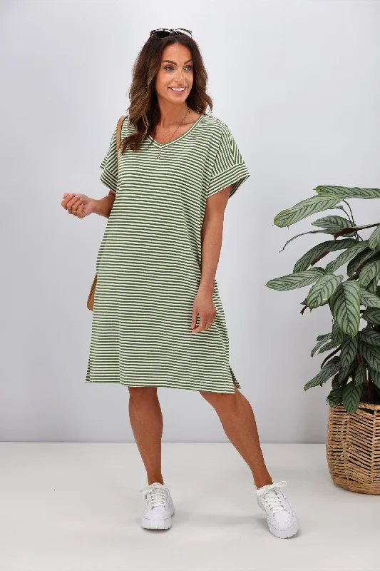 Betty Basics Elise V-Neck Rib Dress Avocado Stripe Travel unclassified dresses